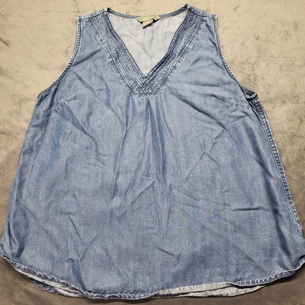 Natural Reflections Tank Top Women Large Blue Chambray Casual V Neck Lyocell